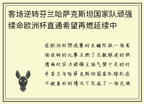 客场逆转芬兰哈萨克斯坦国家队顽强续命欧洲杯直通希望再燃延续中